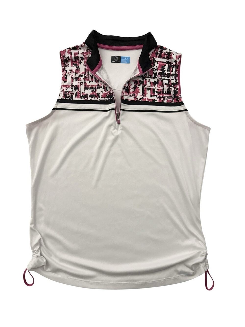 PGA Tour Golf Polo Sleeveless Performance Top White Pink Black Zip Neck Large